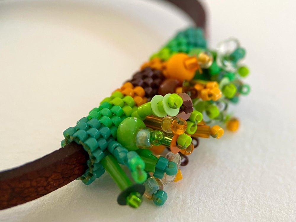 Leather bracelet with bright beaded inlay decorated with volume beading design - Ornamentico shop