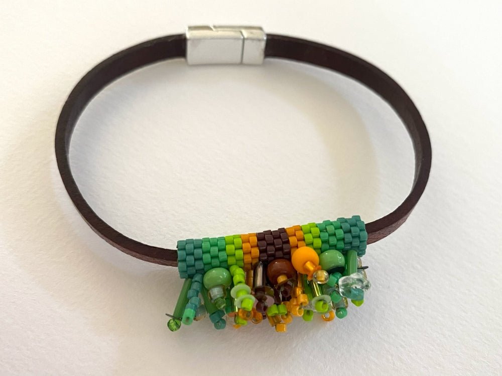 Leather bracelet with bright beaded inlay decorated with volume beading design - Ornamentico shop