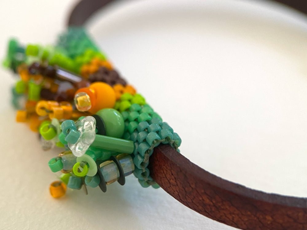 Leather bracelet with bright beaded inlay decorated with volume beading design - Ornamentico shop