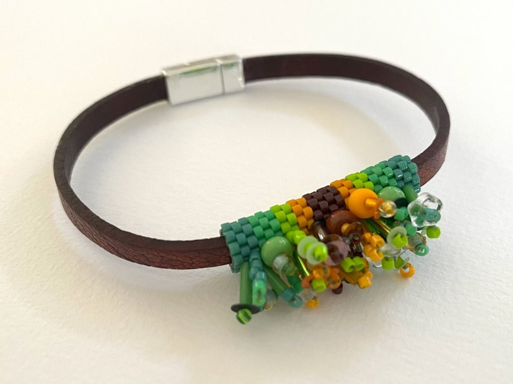 Leather bracelet with bright beaded inlay decorated with volume beading design - Ornamentico shop