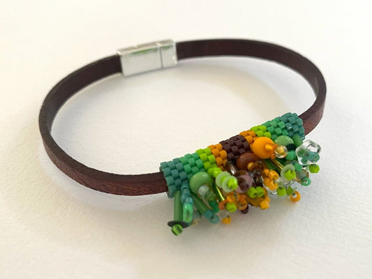 Leather bracelet with bright beaded inlay decorated with volume beading design - Ornamentico shop