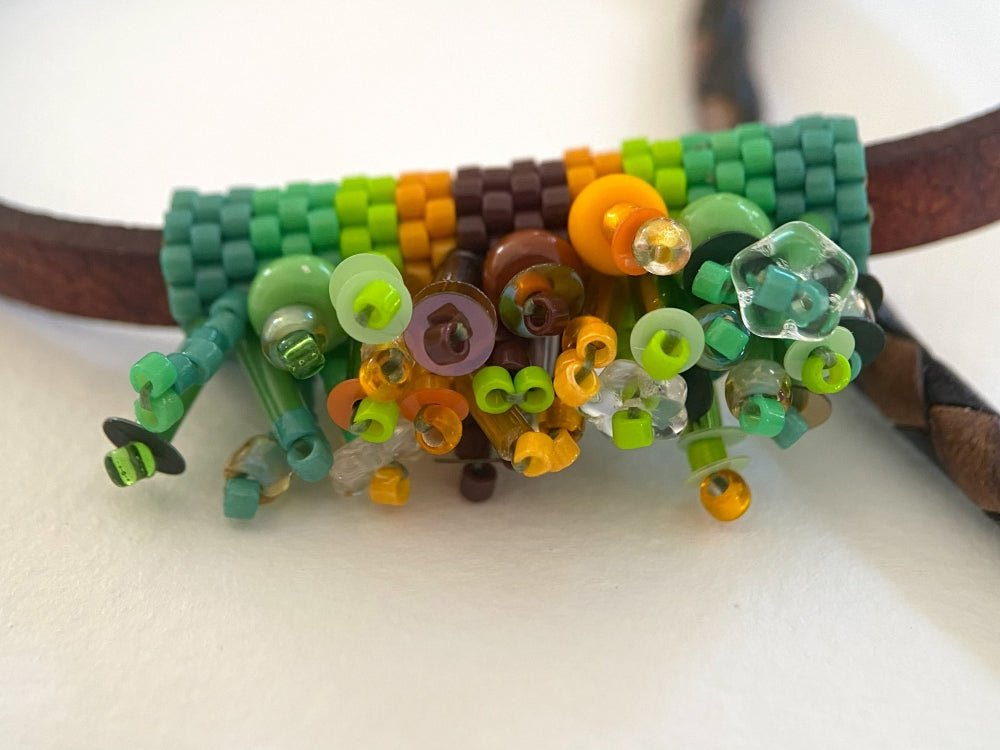 Leather bracelet with bright beaded inlay decorated with volume beading design - Ornamentico shop