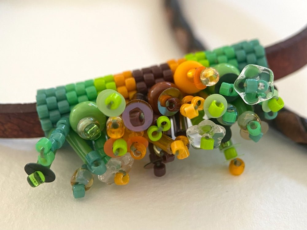 Leather bracelet with bright beaded inlay decorated with volume beading design - Ornamentico shop