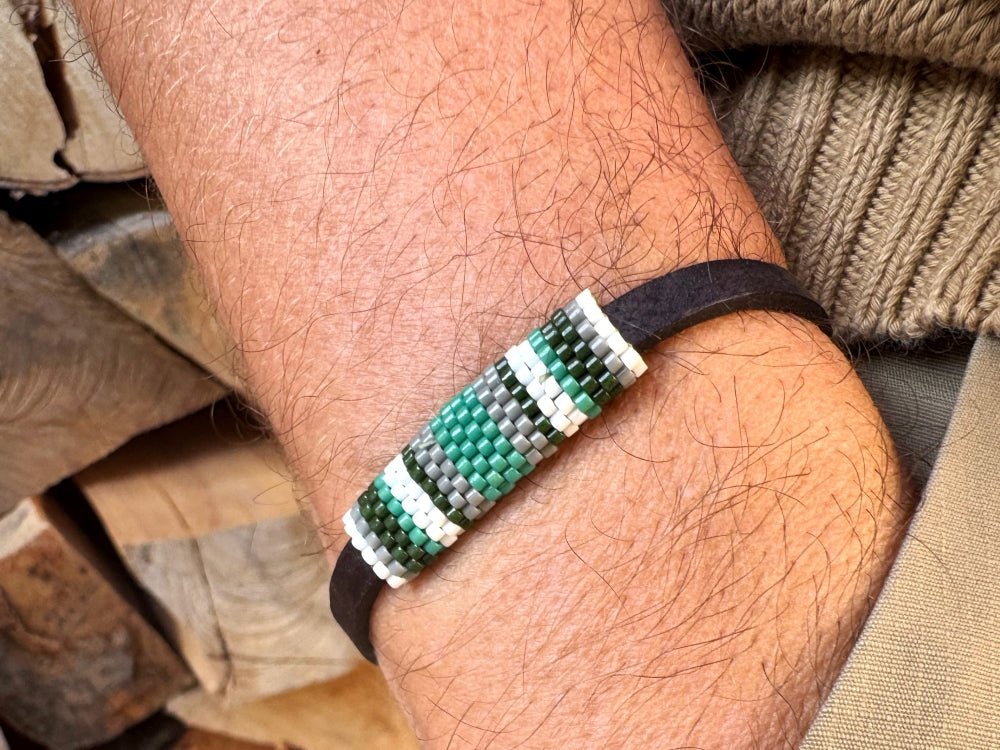 Minimalistic bracelet from black genuine leather decorated with beaded inlay in green, gray and white hues - Ornamentico shop