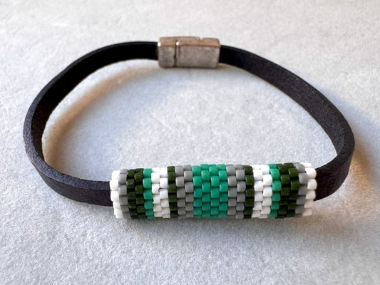 Minimalistic bracelet from black genuine leather decorated with beaded inlay in green, gray and white hues - Ornamentico shop