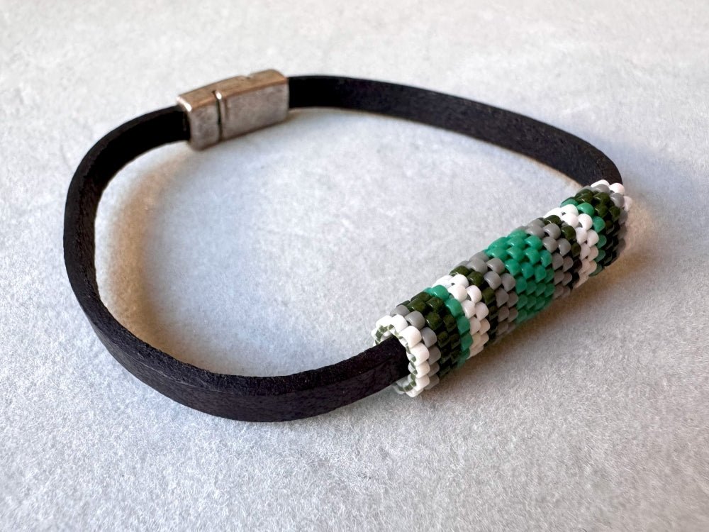 Minimalistic bracelet from black genuine leather decorated with beaded inlay in green, gray and white hues - Ornamentico shop