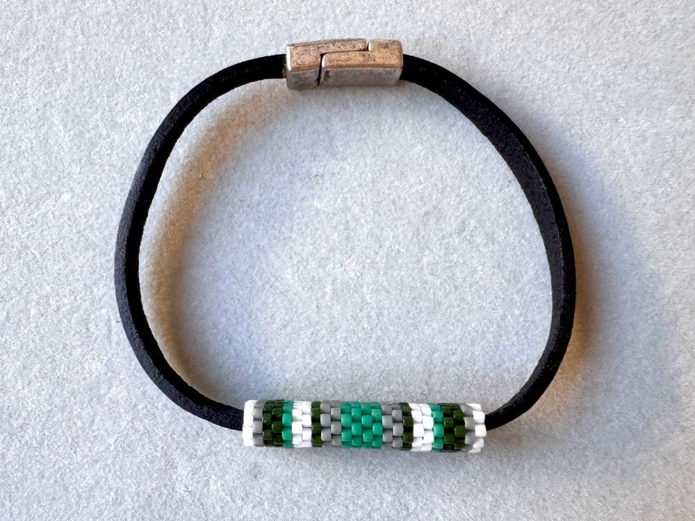 Minimalistic bracelet from black genuine leather decorated with beaded inlay in green, gray and white hues - Ornamentico shop