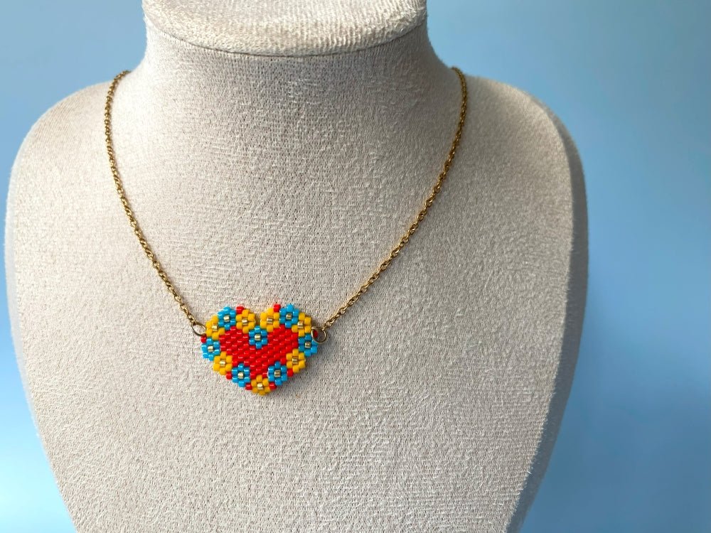 Handmade necklace from beads by Miyuki with embedded heart-shaped pendant - Ornamentico shop