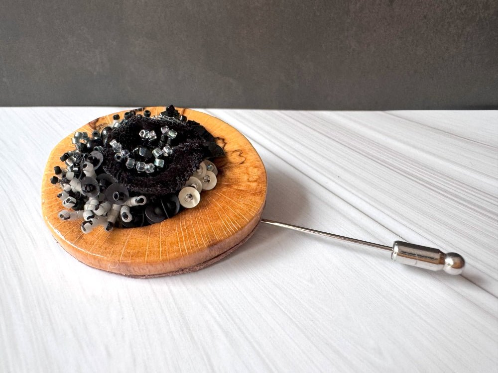 Handmade pin brooch with black velvet floral beadwork on polished beechwood - Ornamentico shop
