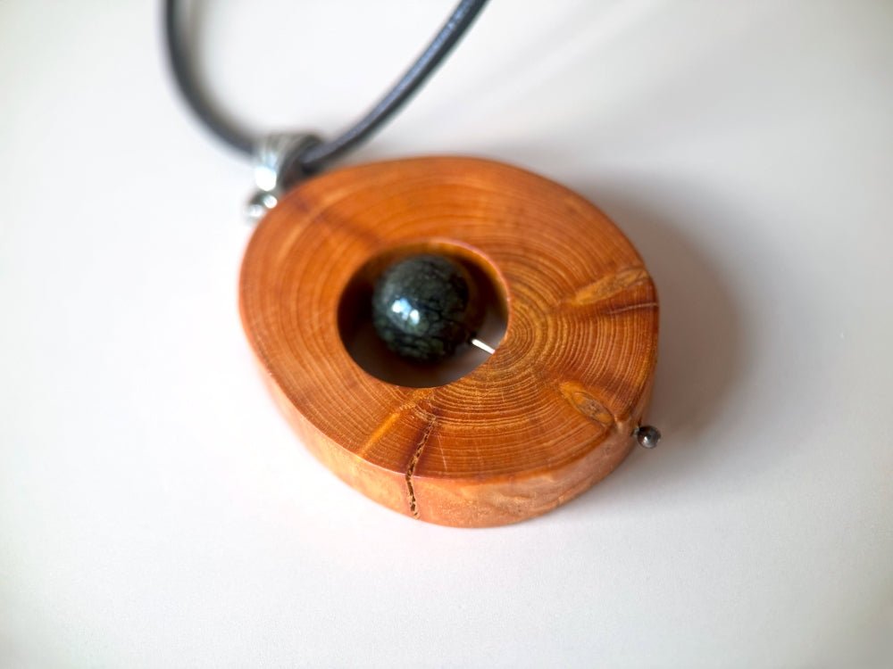 Small handmade wooden pendant with an obsidian bead - Ornamentico shop