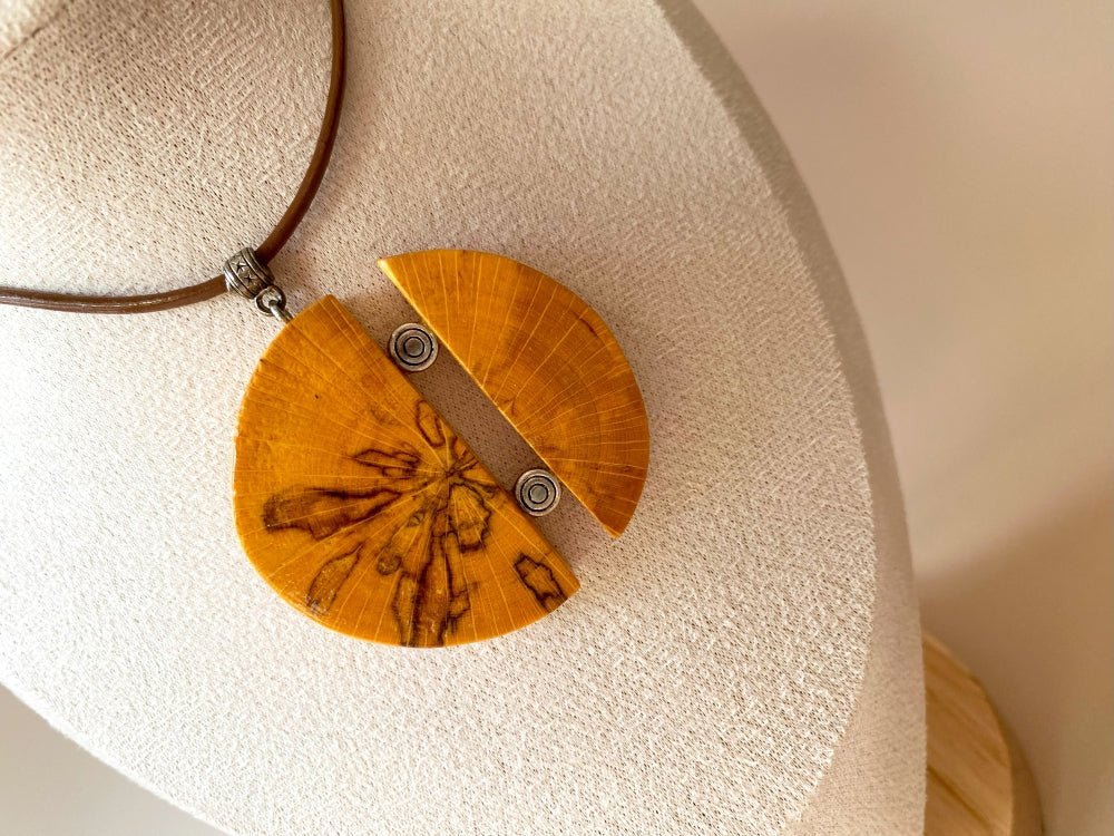 Unique handmade round wooden pendant with silver inlays. Made of carefully polished and varnished wood - Ornamentico shop