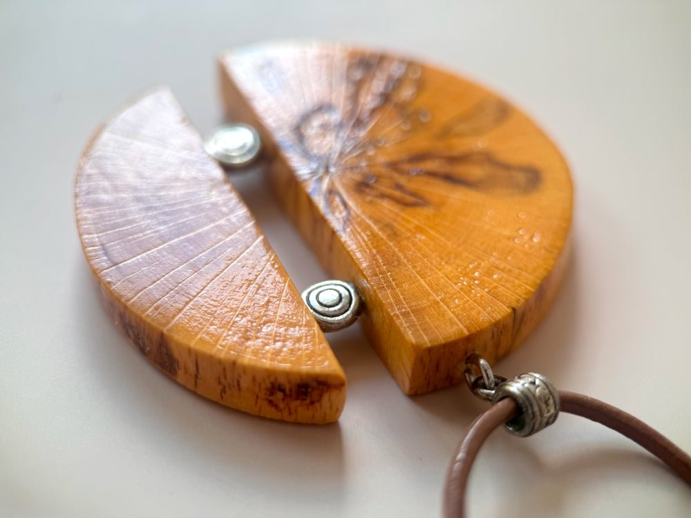 Unique handmade round wooden pendant with silver inlays. Made of carefully polished and varnished wood - Ornamentico shop