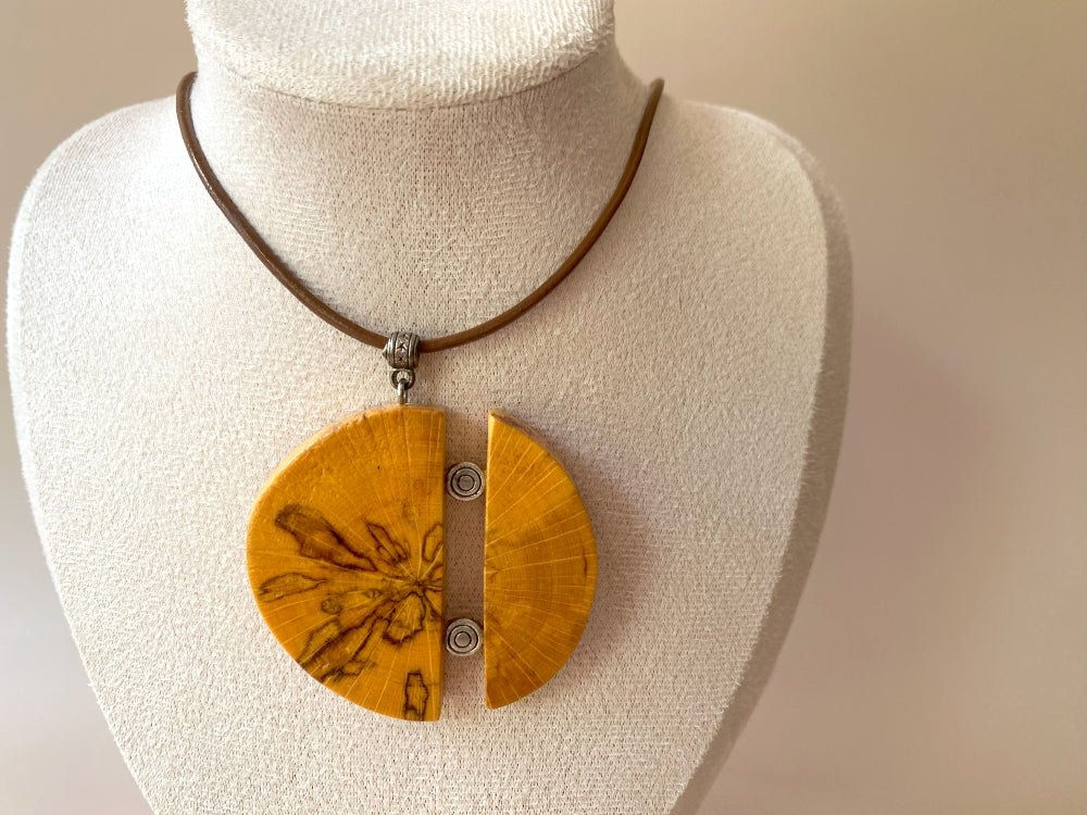 Unique handmade round wooden pendant with silver inlays. Made of carefully polished and varnished wood - Ornamentico shop