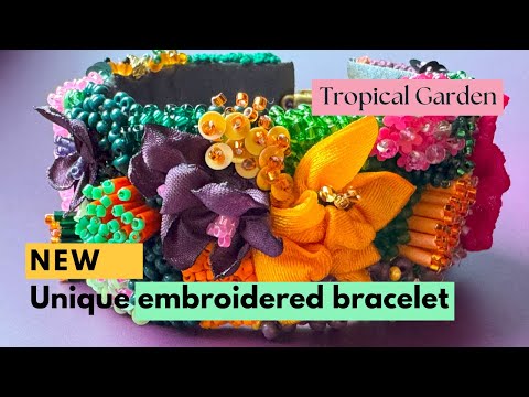 Exclusive bracelet in bright tropical colors created from beads, sequins and textile in volume beading and embroidery techniques  - Ornamentico shop
