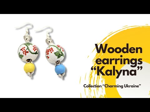 Boho style elegant earrings from hand painted wooden beads "Kalyna" crafted in colors of Ukrainian flag - Ornamentico shop