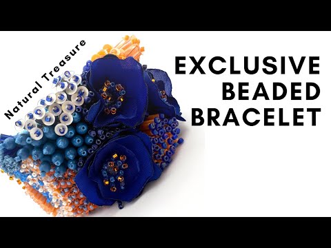 Exclusive statement volume-beaded bracelet in deep blue, orange and matte silver hues crafted from beads, sequins, textile and natural stones - Ornamentico shop