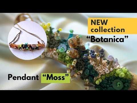 Exclusive wooden pendant decorated by the embroidered and volume-beaded element imitating moss - Ornamentico shop