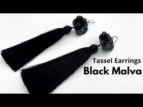 Handmade earrings featuring big polymer clay flower, faceted glass beads and long rayon tassels - Ornamentico shop