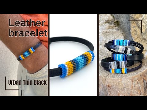 Men's bracelet from leather complimented with Peyote style inlay crafted from Japanese beads Miyuki - Ornamentico shop