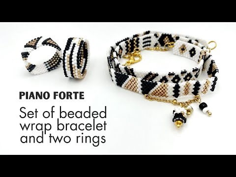 Handmade jewelry set of bracelet and two rings made from beads in geometrical design from black, white and gold Miyuki beads - Ornamentico shop