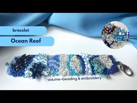 Exclusive handmade bracelet crafted from beads, sequins and rhinestones in a variety of blue and white hues using volume-beading technique - Ornamentico shop