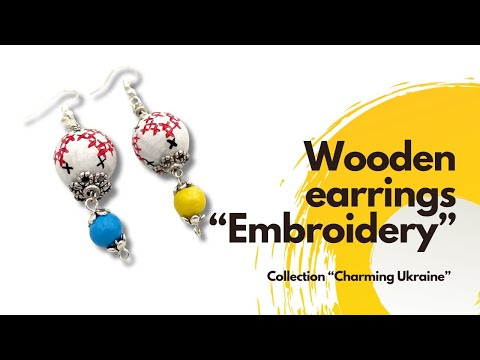 Delicate earrings from hand painted wooden beads "Embroidery" crafted in colors of Ukrainian flag- Ornamentico shop