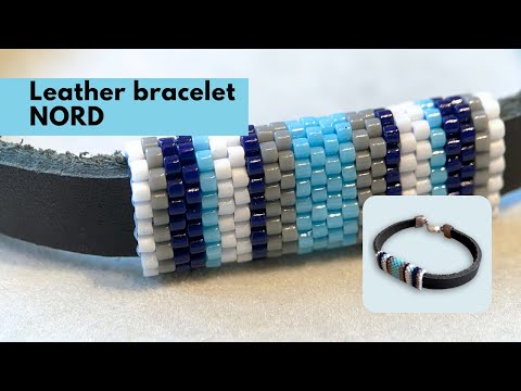 Leather bracelet with peyote stitch beaded inlay in cold blue, white and grey colors - Ornamentico shop