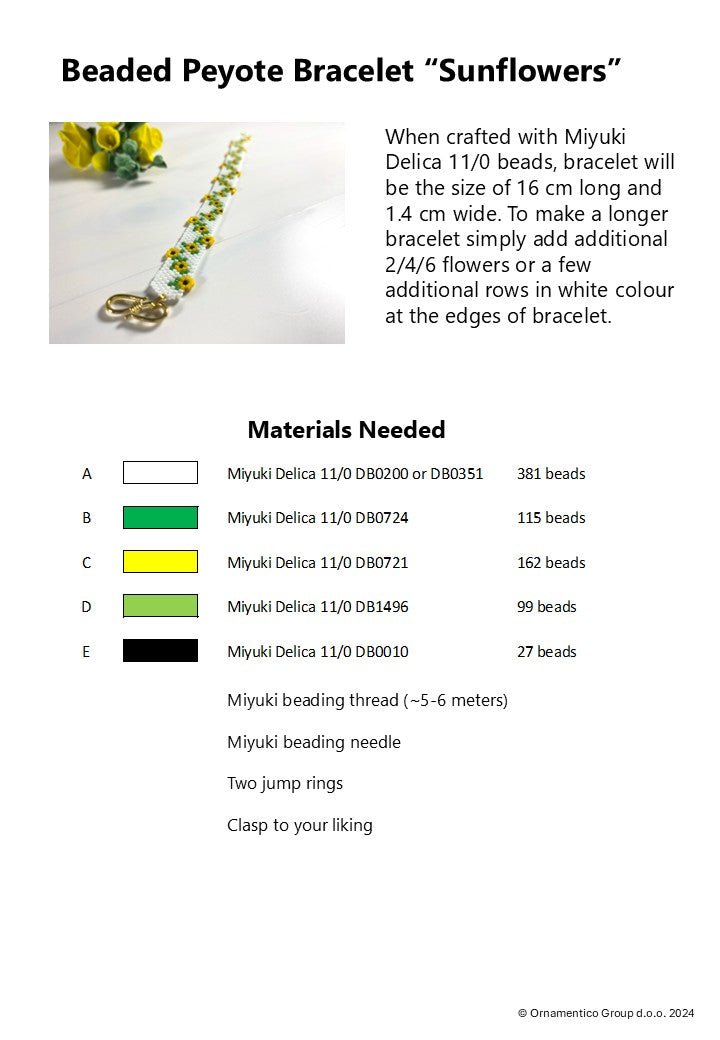 Preview of the beading pattern for a  bracelet with bright sunflowers crafted in peyote stitch technique from Miyuki Delica beads