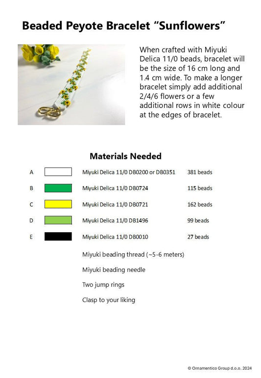 Preview of the beading pattern for a  bracelet with bright sunflowers crafted in peyote stitch technique from Miyuki Delica beads