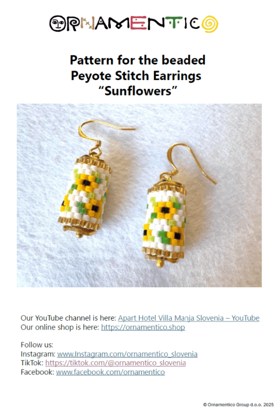 Beaded dangle earrings featuring bright sunflowers crafted in peyote stitch technique with Miyuki Delica beads
