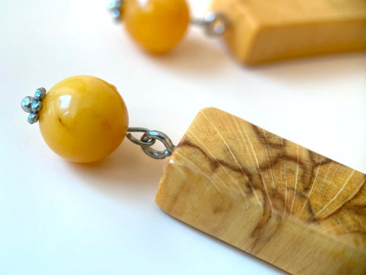 Carefully polished and lacquered rectangular wooden earrings with the Baltic amber beads - Ornamentico shop