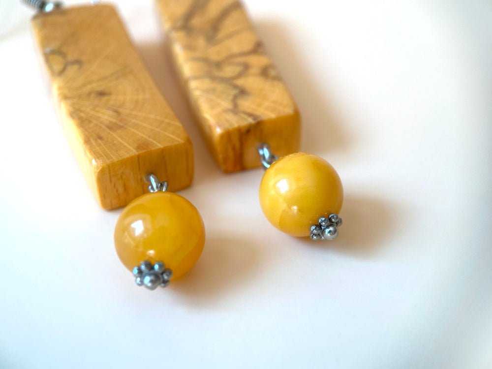 Carefully polished and lacquered rectangular wooden earrings with the Baltic amber beads - Ornamentico shop