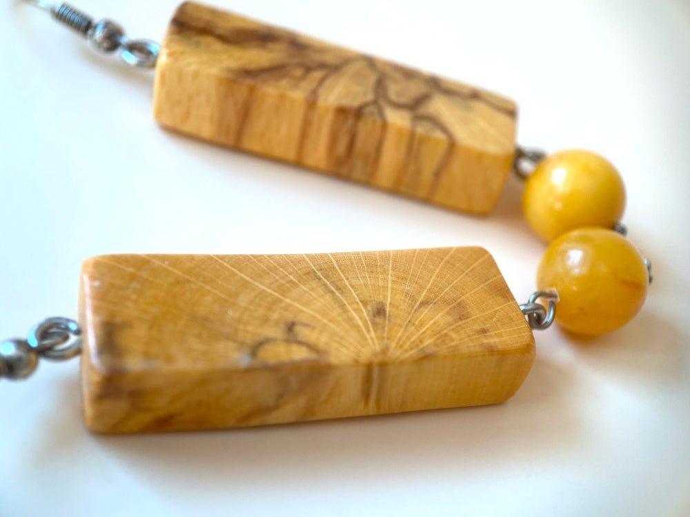 Carefully polished and lacquered rectangular wooden earrings with the Baltic amber beads - Ornamentico shop