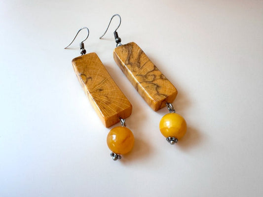 Carefully polished and lacquered rectangular wooden earrings with the Baltic amber beads - Ornamentico shop
