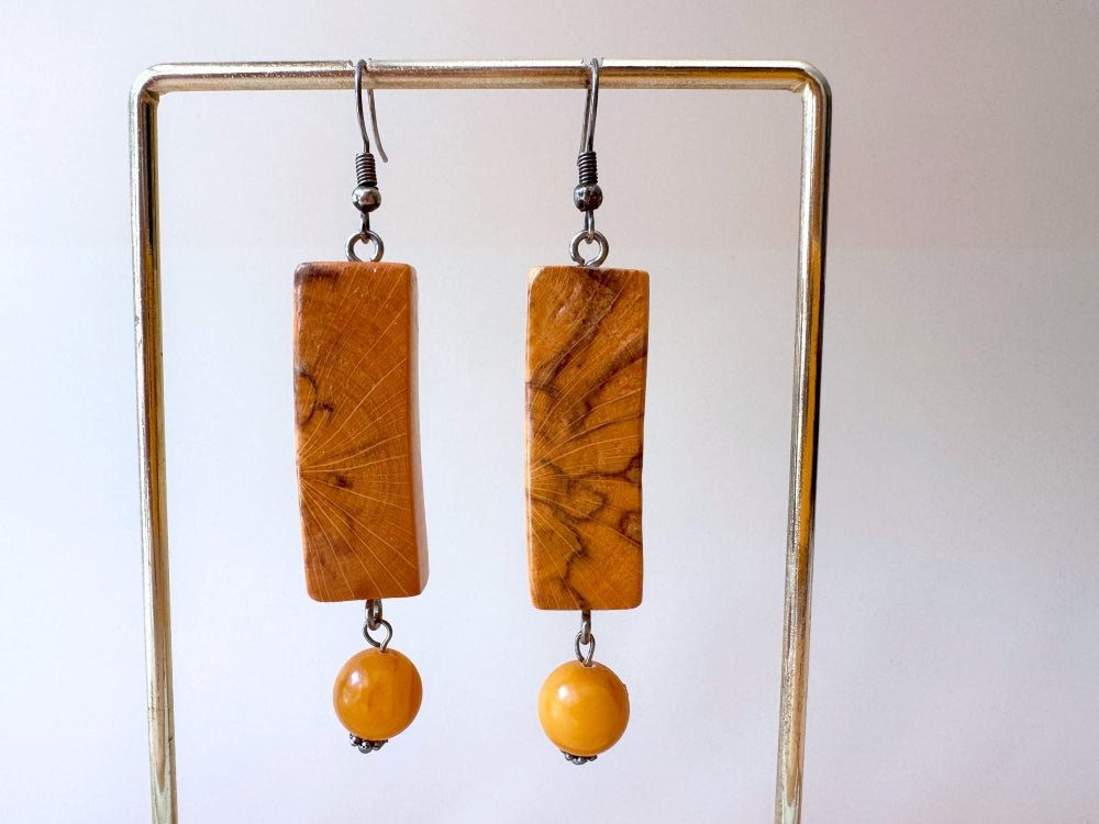 Carefully polished and lacquered rectangular wooden earrings with the Baltic amber beads - Ornamentico shop
