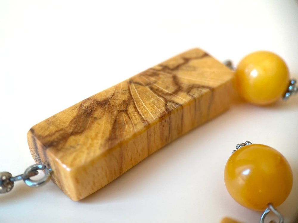 Carefully polished and lacquered rectangular wooden earrings with the Baltic amber beads - Ornamentico shop