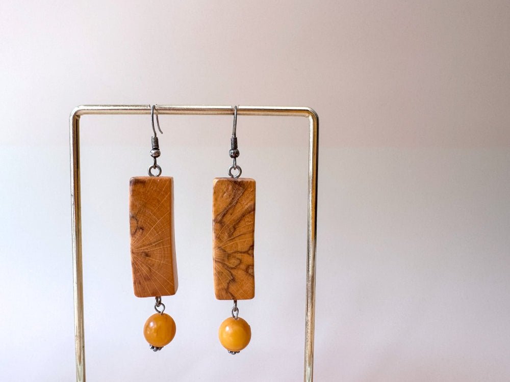 Carefully polished and lacquered rectangular wooden earrings with the Baltic amber beads - Ornamentico shop