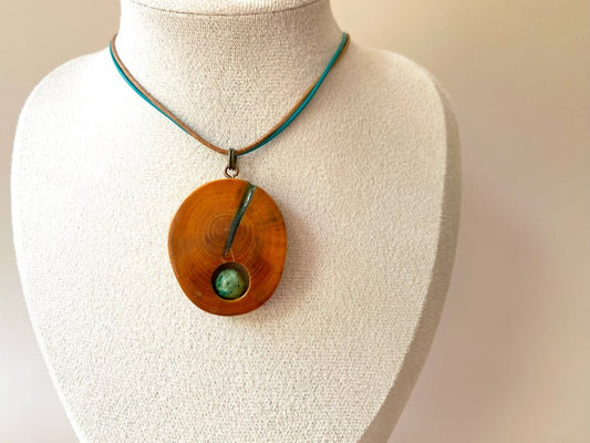 Handmade wooden pendant. Made of polished and lacquered beech wood with one Peruvian turquoise stone - Ornamentico shop