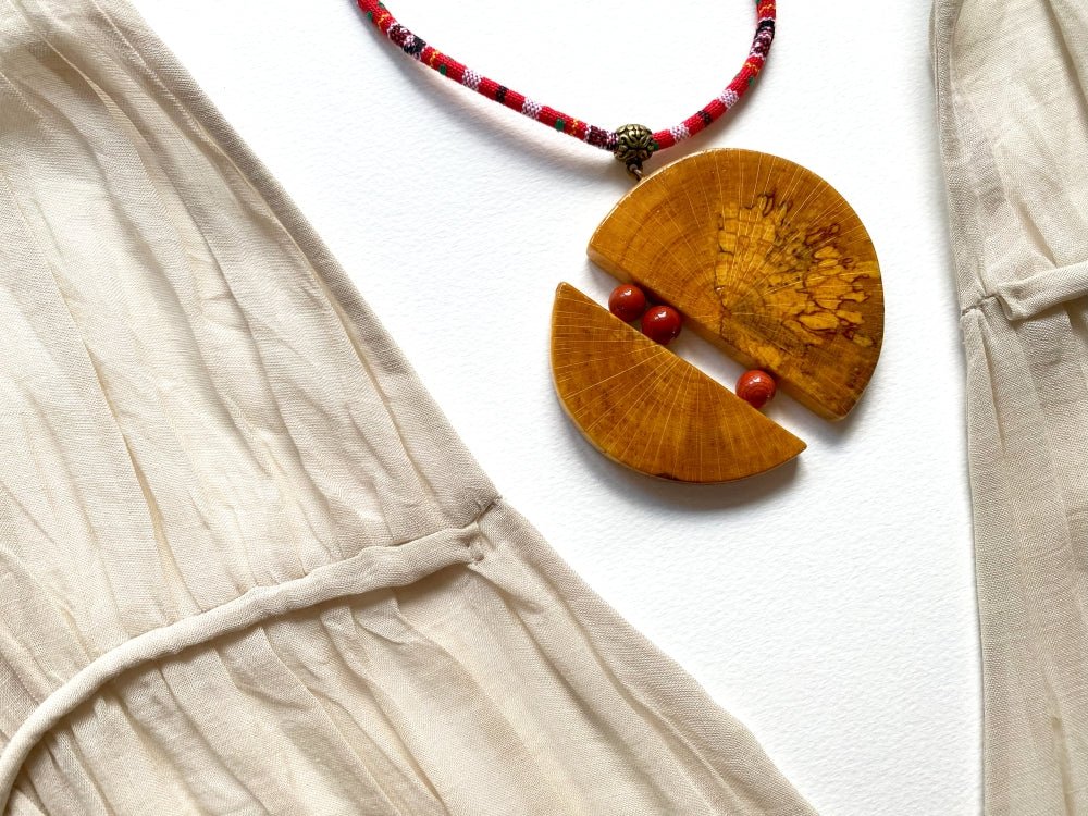 Big handmade wooden pendant with jasper beads - Ornamentico shop