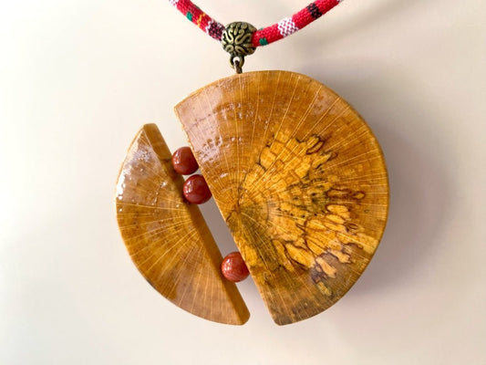 Big handmade wooden pendant with jasper beads - Ornamentico shop