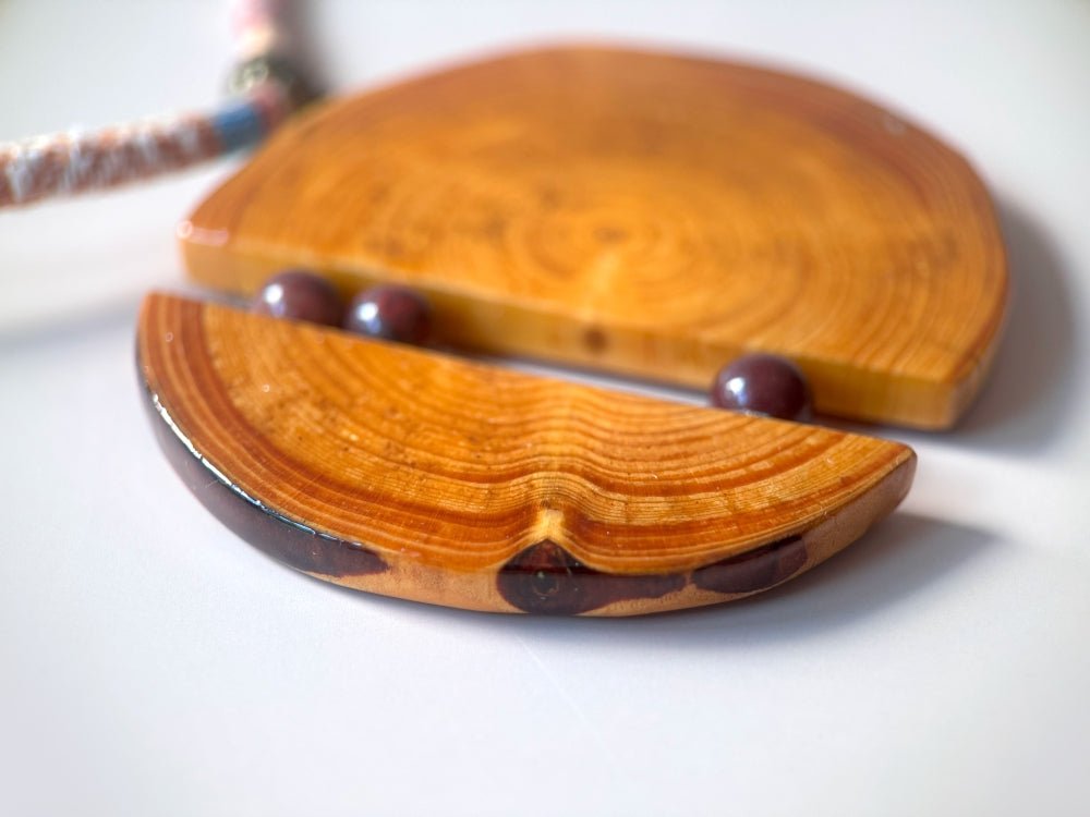 Unique large wooden pendant with mookait beads made from carefully polished wood - Ornamentico shop