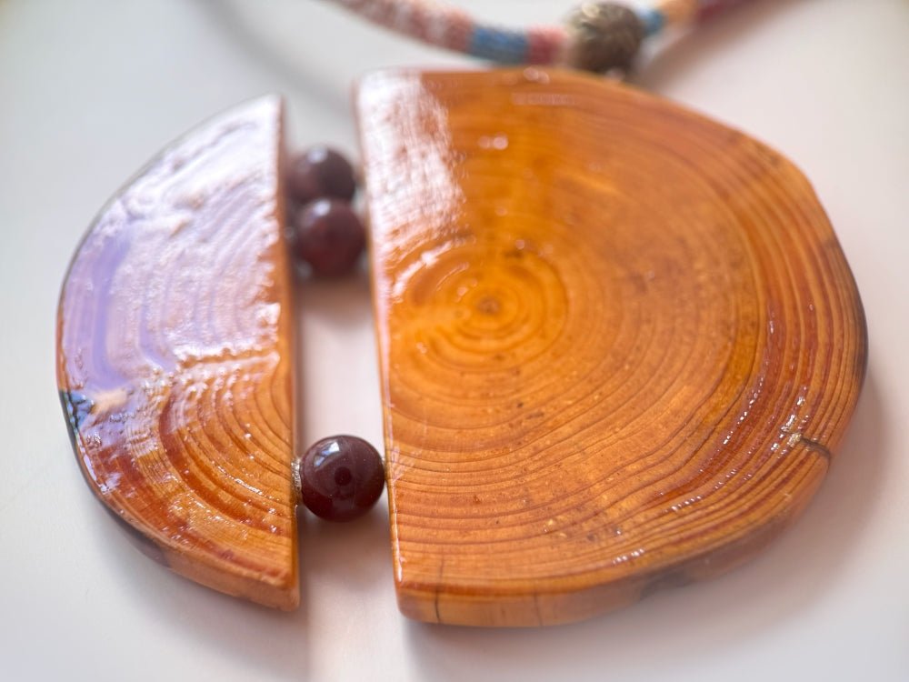 Unique large wooden pendant with mookait beads made from carefully polished wood - Ornamentico shop