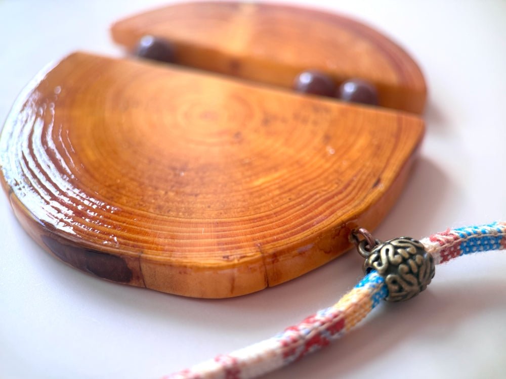 Unique large wooden pendant with mookait beads made from carefully polished wood - Ornamentico shop