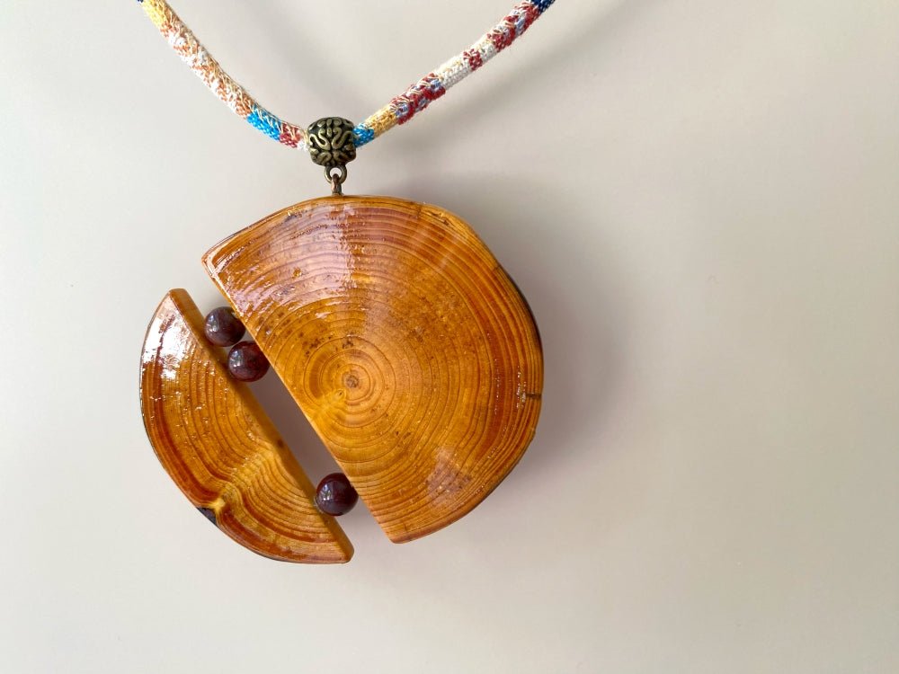 Unique large wooden pendant with mookait beads made from carefully polished wood - Ornamentico shop
