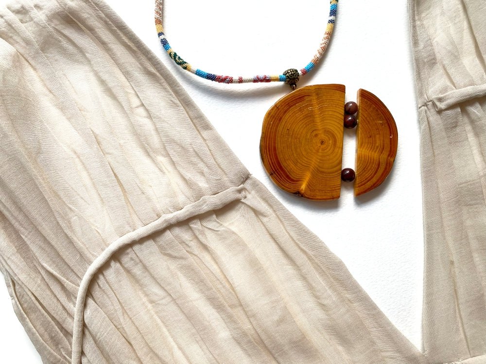 Unique large wooden pendant with mookait beads made from carefully polished wood - Ornamentico shop