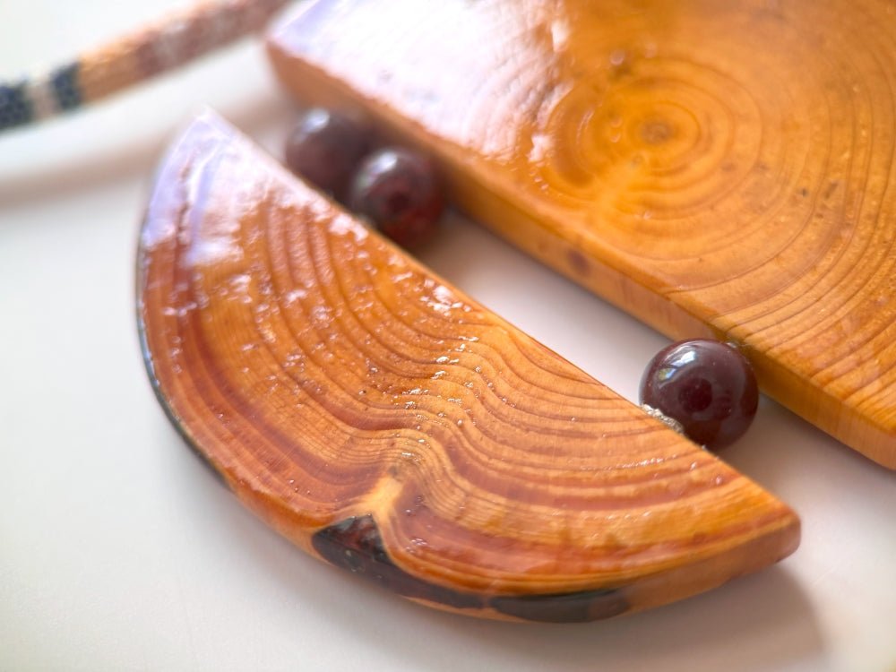 Unique large wooden pendant with mookait beads made from carefully polished wood - Ornamentico shop