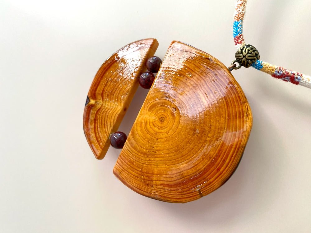 Unique large wooden pendant with mookait beads made from carefully polished wood - Ornamentico shop