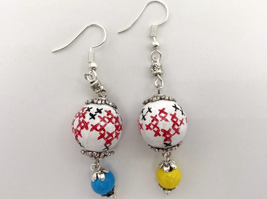 Delicate earrings from hand painted wooden beads "Embroidery" crafted in colors of Ukrainian flag- Ornamentico shop
