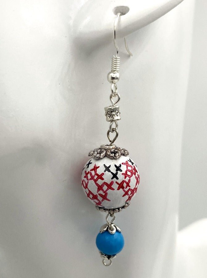 Delicate earrings from hand painted wooden beads "Embroidery" crafted in colors of Ukrainian flag- Ornamentico shop