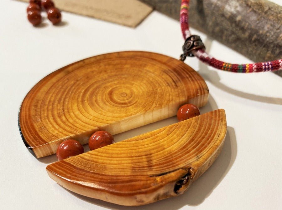 Big handmade wooden pendant with jasper beads - Ornamentico shop